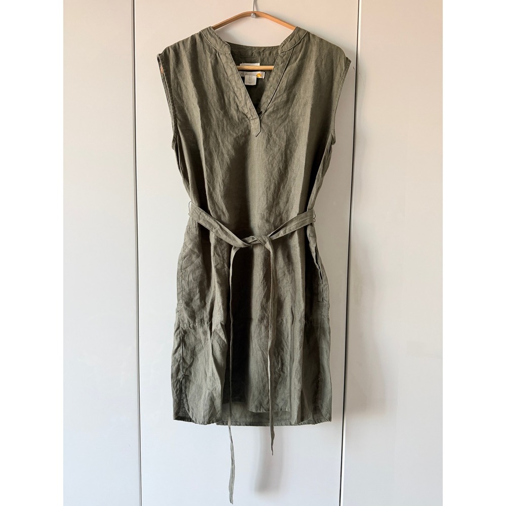 C&C California Olive Green Linen Belted Shift Dress V-Neck Pockets Women's S